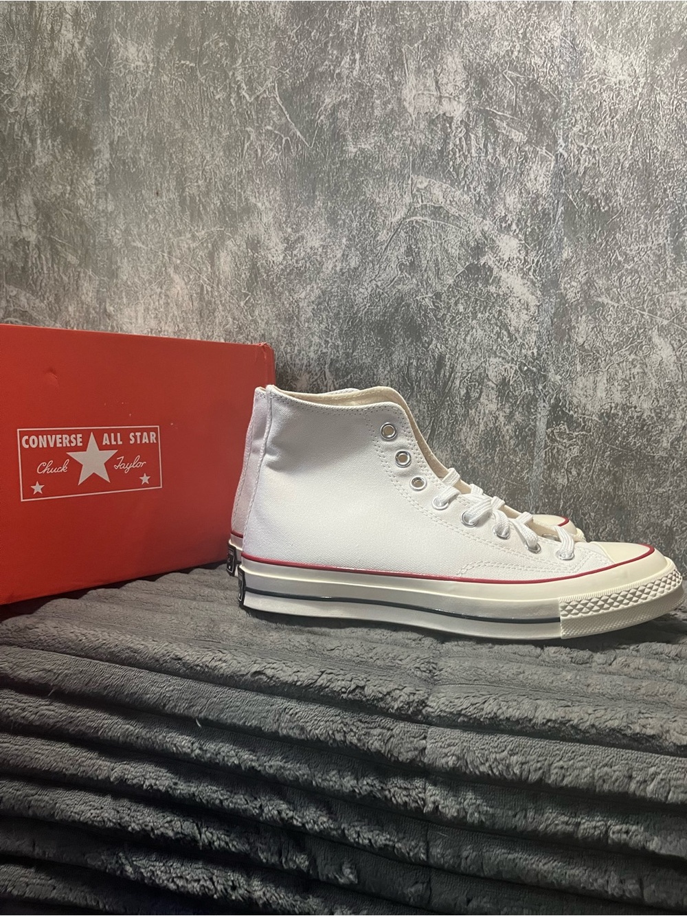 Converse White High Top Sneakers with Red Stripe